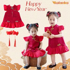 Rolanko Baby Girls Cheongsam Dress New year Kids Auspicious Cloud Print Traditional Chinese Style Hanfu Clothes 0-3 Year
