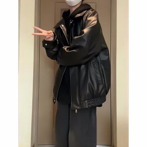 Mens Spring Autumn PU Leather Jacket Loose American Style Baseball Coat Cool Retro High-End Sensation Leather Vest