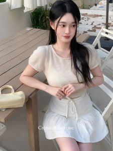 Cremedelacreme Soft Semi-Transparent round Neck Short Sleeve Cashmere Sweater Korean Style Gentle Casual High Waist Summer T-shirt