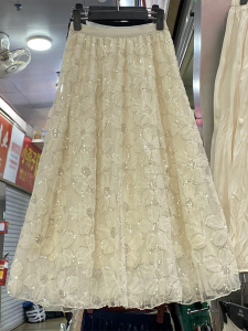 French Vintage Hollow out Sequin Tulle Half Skirt Women Spring Large Flounce A-Line Midi Short Size Skirts Princess Style