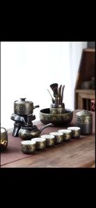 Bộ Ấm Chén Pha Trà Cối Xay Hoa Văn Xanh Vàng Đen Bóng