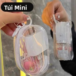 Túi Đựng Đồ Trong Suốt Mini Di Động Có Khóa Kéo Đa Năng Đựng Tai Nghe & Sạc Phụ Kiện Du Lịch Kèm Móc Khóa