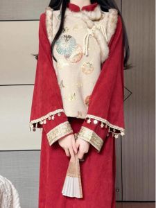 Red Velvet Retro Chinese Style Two-Piece Set Thickened Corduroy Waistcoat And Cheongsam Dress for Girls Autumn Winter Fashion