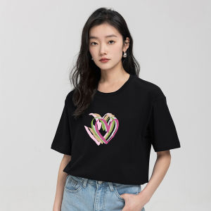La Chapelle Summer Pure Cotton Short Sleeve T-Shirt Womens Multicolor Heart Fashion Print Casual Loose round Neck Half Sleeve T-Shirt