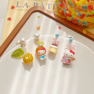 Kitty Cat Orange Vitality Cute Cartoon Asymmetric Fun Personality Silver Needle Clip-On Earrings Fashionable Jewelry Accessories