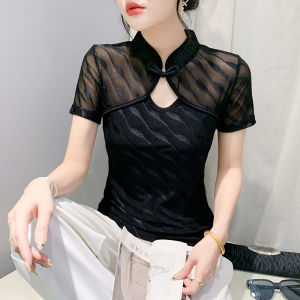 Yimei 2024 Áo thun lưới cải tiến mới Áo Trung Quốc cổ đứng ngắn tay nút cổ điển phong cách Trung Quốc Trung Quốc cho nữ