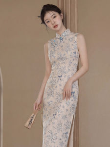 Chinese Style Sleeveless Slim Fit Dress For Petite Spring Summer Stand-collar Printed