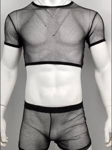 CLEVER-MENMODE Mens Mesh Suit Silver Flash Short round Neck Top ers European Size