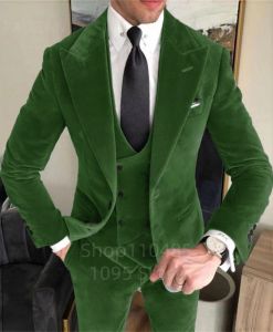Elegant Velvet Mens 3 Pieces Suit Peak Lapel Jacket Vest and Trousers Dinner Wedding Tuxedos Slim Fit Formal Business Suits