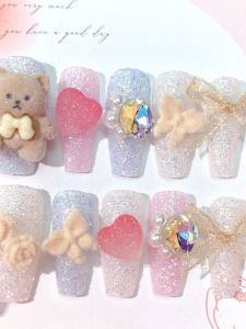 Summer Dopa Wearable Nail Art Cute Ice Transparent Diamond Embedded Flashing Medium Length False Nails Bear Design Beauty Tools