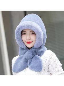Thickened Plush Scarf Hat Two-In-One Winter Warm Ear Protection Womens Fashionable Casual Style Polyester Fiber Non-Woven Cap
