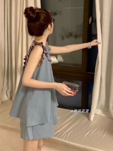 Summer Japanese Ins Minimalist Spaghetti Straps Sleeveless Pajamas for Women South Korea Internet Celebrity Sweet Cute Solid Color Homewear Suit