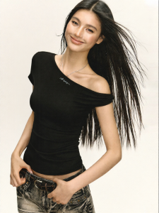 Vintage辣Girl Style Shoulder Off Fitted T-shirt