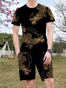 New Ice Silk Printed Short Sleeve Shorts Set round Neck Trendy T-Shirt Mens Casual Golden Dragon Eagle Pattern Two Piece Set