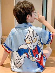 Boys Summer Ice Silk Sleepwear Short Sleeve Thin Set Cartoon Style Home Clothes Breathable Moisture Wicking Childrens Clothing
