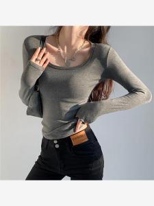 Womens Long Sleeve round Neck Fleece Lined Base Shirt Spring Summer New Style Korean Design Versatile Fashionable Autumn Winter Slim Fit Top