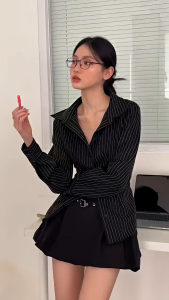 KEMEJA WHISPIE ATASAN WANITA MODEL KOREAN STYLE/KEMEJA LENGAN PANJANG STRIPE ATASAN WANITA