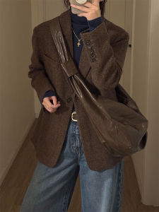 YUFUQING | Elegant Brown Versatile Loose Tailored Jacket Autumn Winter New Style Commute Friendly Polyester Fiber Long Sleeve Polo Collar