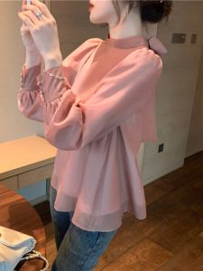 Spring Autumn 2025 French Style Fashion Long Sleeve Womens Shirt Sweet Design Sense Cover Belly Chiffon Blouse New Arrival