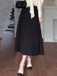Retro A-Line Midi Skirt Womens Black Slimming High Waist Drapey Style Autumn New Arrival Korean Version Commute Fashion