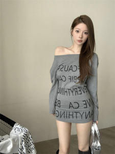 off-Shoulder T-shirt Dress Womens Early Autumn American Letters Print Waist-Slimming Dress Pure Desire Style Tight Sheath Short Dress