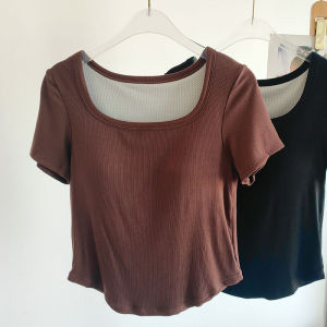 Womens Yoga T-Shirt round Neck Short Sleeve Running Sportswear Breathable Fitness Clothing Fixed Chest Pad Square Collar