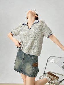 GULILI | Grey Knitted Lacey Turn-down Collar Short Sleeve T-shirt