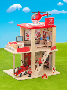 LEKU | Police and Firefighter Themed Multilevel Wooden Parking Garage Educational Toy