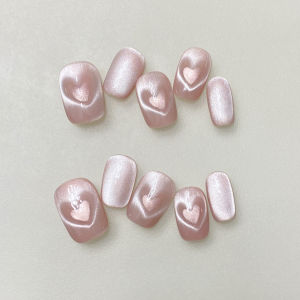 EDMJ8012 Spring Flirt Pink Heart Dynamic Cat Eye Short Stair Model High-End Handmade Wearable Nail Tips Customizable Any Skin Type