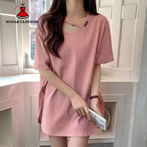 SUGAR Pure Cotton V-neck Split T-shirt Womens Short Sleeved Summer 2023 New Loose and Slim Mid Length Clothing