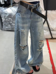 Fashionable High Waist Wide Leg Jeans Womens Trendy Ripped Straight Cut Summer Thin Denim Pants Loose Fit Casual Trousers