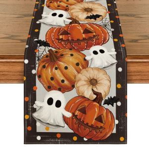 VIKAMA Vintage Halloween Table Runner Polka Dot Pumpkin Ghost Bat Spider Web Design Linen Trang Trí Bàn Ăn Cho Gia Đình Trang Trại Tiệc Lễ Hội