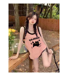 เสื้อกั๊กคอวีแขนกุดผ้าฝ้ายสไตล์อเมริกันย้อนยุคสำหรับผู้หญิงในช่วงฤดูร้อน ทรงหลวม ทรงเข้ารูป แขนกุด ทรงหลวม ทรงเข้ารูป