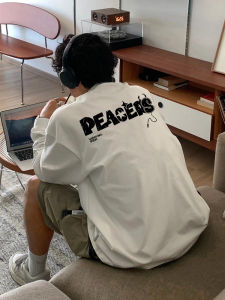 เสื้อยืดคอกลมแขนยาวผ้าฝ้ายแท้สำหรับผู้ชาย ทรงหลวม ลายตัวอักษร สไตล์ฮิปฮอป เสื้อยืดคอกลมแขนยาวสำหรับผู้ชาย