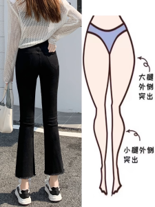 Black Fleece Lined Flare Jeans for Women High Waist Casual Cotton Stretch Denim Slimming Pants Nine Tenths Length Small Size