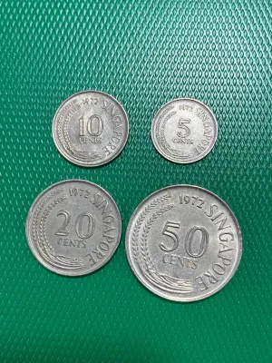 Singapore 1972 Silver Coins Set - 10 20 50 Cents and 5 Cents - Circulated Condition - Green Background Display