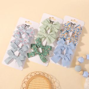4Pcs/Set Baby Girls Hair Clips with Sweet Print Lace Striped Yarn Barrettes Ins Kids Bow Hairgripes Headwear Hair Accessories