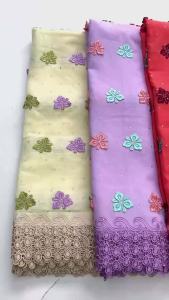 Brown African Cotton Lace Fabric with Red & Gold Floral Embroidery and Swiss Voile Lace For Wedding Dresses & Party Gowns