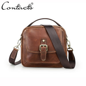 CONTACTS Genuine Leather Vintage Men Small Messenger Bag Shoulder Bags Brown Handbag Luxury Flap Travel Crossbody Bags