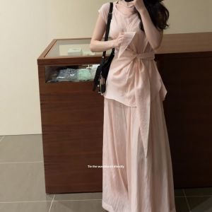 VKSOD | French Design Sensation Womens Sleeveless Casual Belted Top Two-Piece Set Summer Versatile Long Pants Outfit Round Neck Short Sleeve