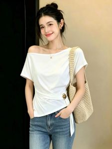 AIYITI | Off-shoulder Short Sleeve T-Shirt Irregular Waistline White