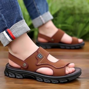 Mens Casual Leather Sandals Comfortable Breathable Beach Shoes Wear-resistant Anti-slip Soft Bottom Outdoor Indoor Thick Heel Slippers
