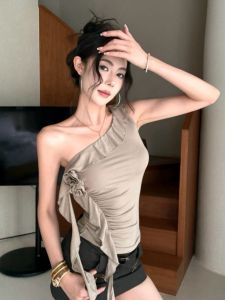 GUZILIAN | French Sweet 3D Flower Asymmetrical Shoulder Sleeveless Short Womens T-shirt Summer Design Sensation Lace Edge Waist Slim Fit Top