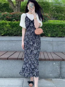 French Design Floral Print Maxi Dress Womens Summer Lace Patchwork Strap Slimming Long Dress Trendy A-Line Skirt Short Sleeve