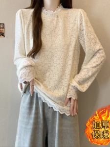 เสื้อเชิ้ตคอปกสูงครึ่งตัวผ้าลูกไม้ปักลายสไตล์ฝรั่งเศสสำหรับผู้หญิงไซส์ใหญ่ ฤดูหนาวปี 2025 เสื้อชั้นในแบบมีขนแกะ เสื้อผ้าทำงานสไตล์เกาหลี