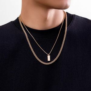 KunJoe  2pcs/set Rectangular Pendant Box Chain Necklace for Men Punk Silver Color Cuban Link Chain Choker Necklace Party
