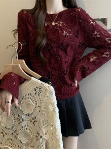 เสื้อถักแขนยาวคอตั้งทรงหลวมสไตล์ฝรั่งเศสสำหรับผู้หญิงในช่วงต้นฤดูใบไม้ร่วง ทรงเข้ารูป กระดุมด้านบน ทรงเข้ารูป แขนยาว ปกติ