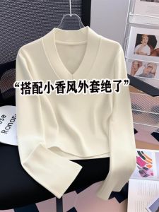 Pure Cotton White V-Neck Long Sleeve Womens T-Shirt Slim Fit Short Style Base Shirt Trendy Spring Autumn Top Base Layer