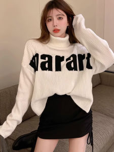 Winter High Collar Warm Short Knitted Sweater Womens Loose Letter Bottoming Top Trendy Overhead Shirt Thickened Long Sleeve