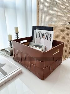Handwoven Saddle Leather Storage Basket Organizer Box for Bedroom Private Residence Closet Storage Cabinet Rectangular Shape